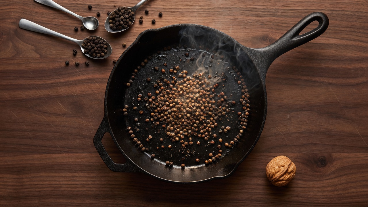 Peppercorns toasting in a dry skillet