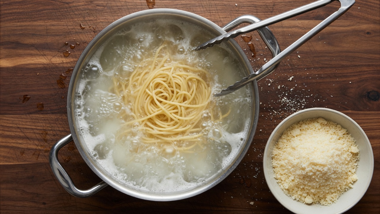 Spaghetti boiling in starchy water