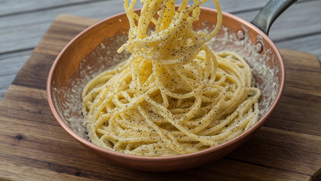 Pasta tossed with pecorino off the heat