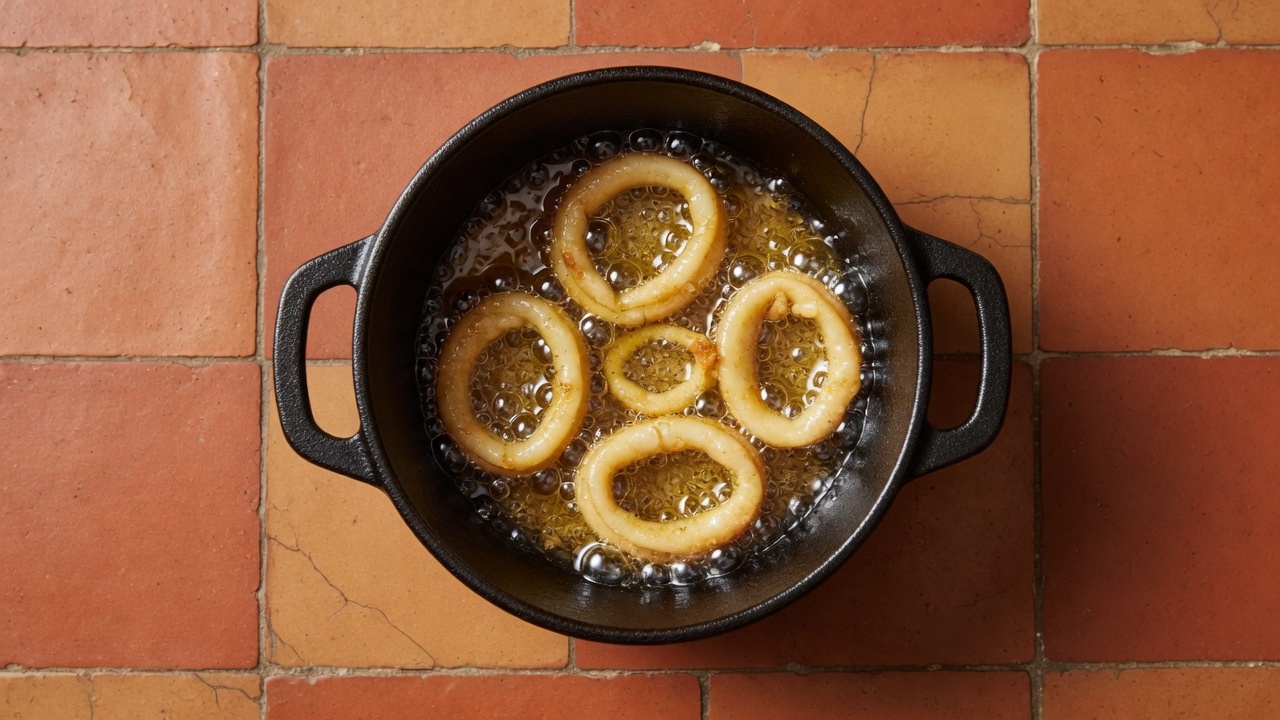 A few calamari rings frying in a pot