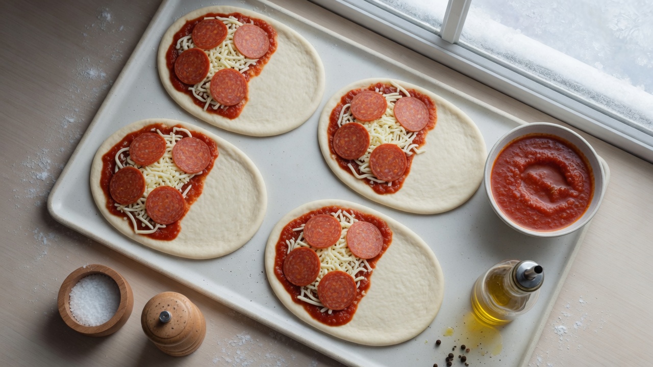 Dough ovals topped with marinara, mozzarella, and pepperoni