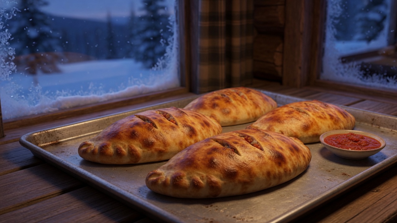 Baked calzones on a bare sheet