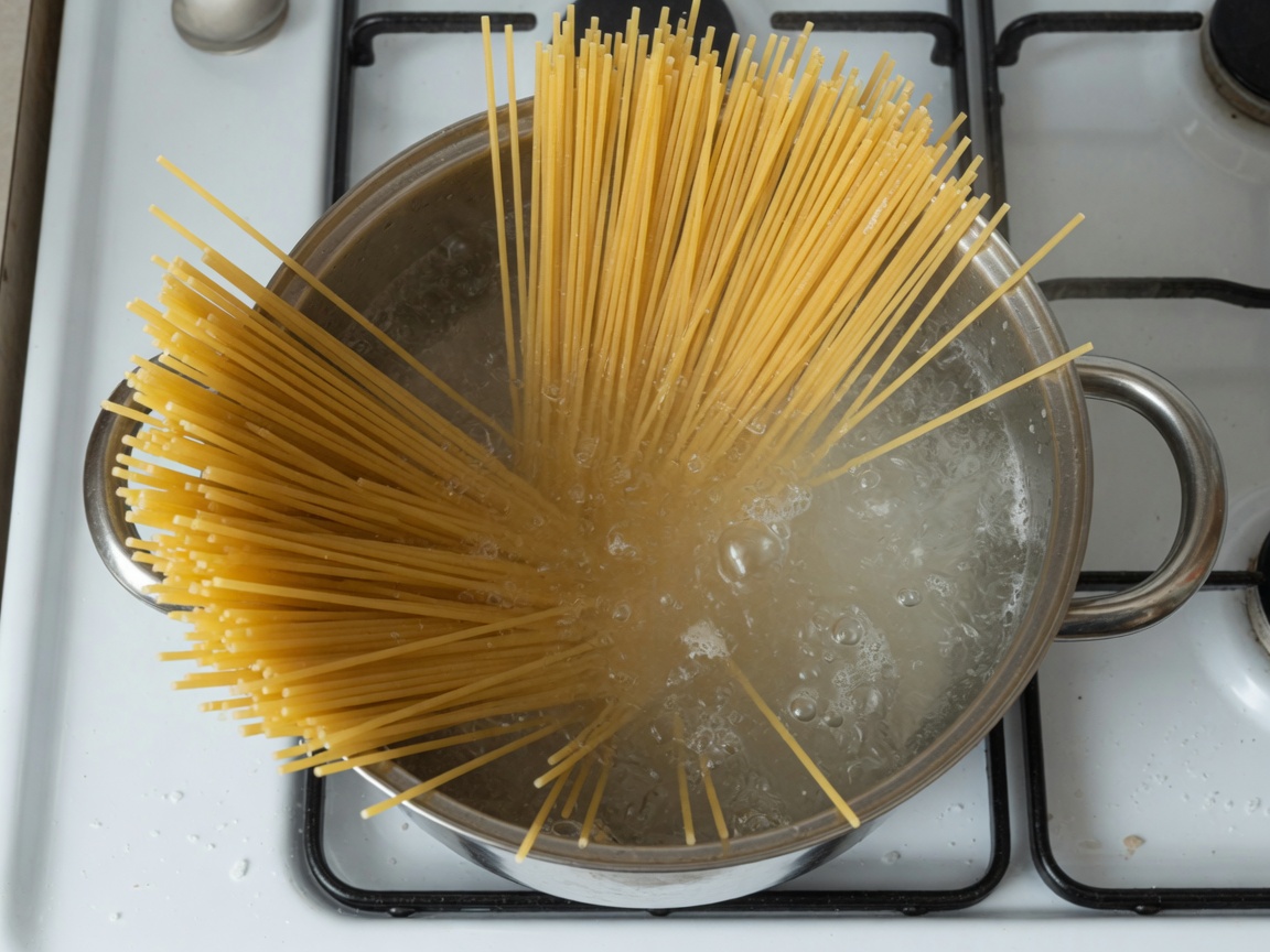 Spaghetti going into a large pot of boiling salted water