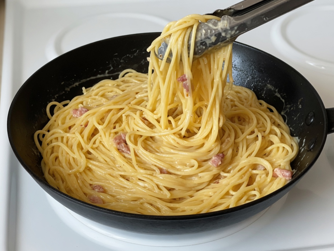 Spaghetti tossed off the heat in the same skillet with egg and cheese sauce