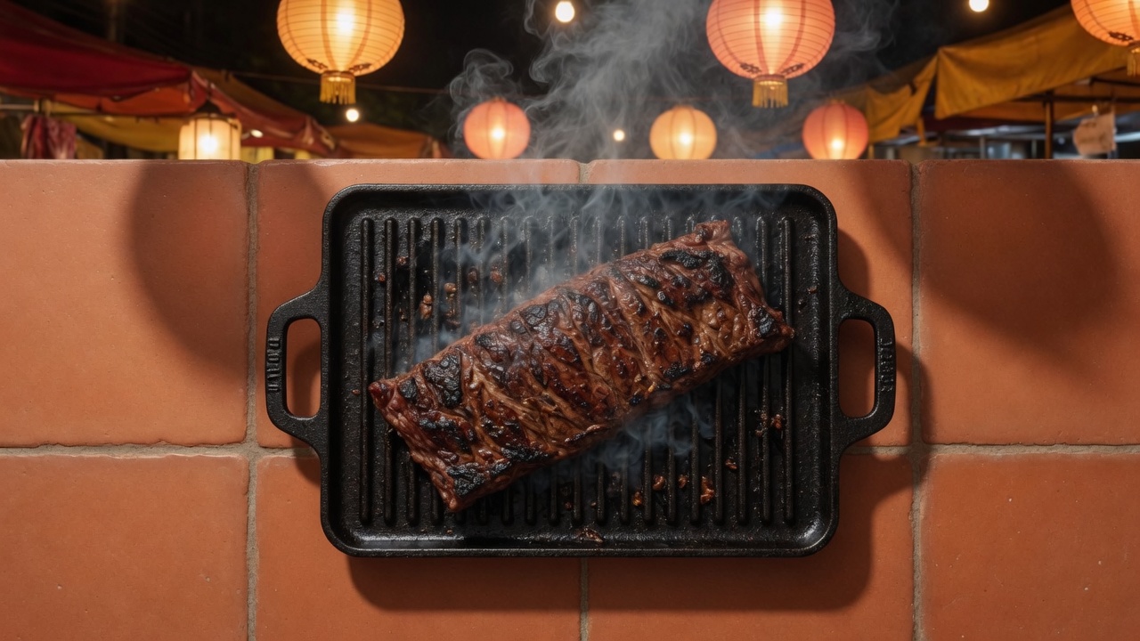 Steak grilling on a hot grill pan