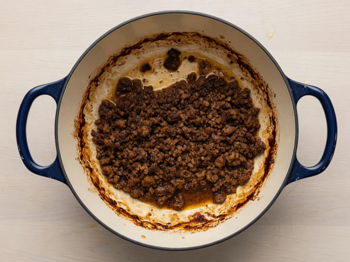 Ground beef browning in a Dutch oven