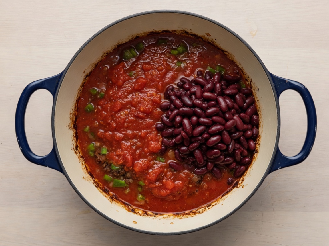 Tomatoes, beer, and drained beans added to the pot
