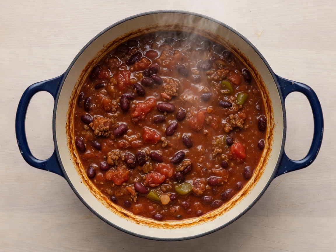 Chili simmered thick in a Dutch oven