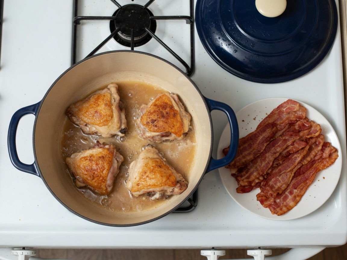 Chicken browning in bacon fat in a navy-blue Dutch oven