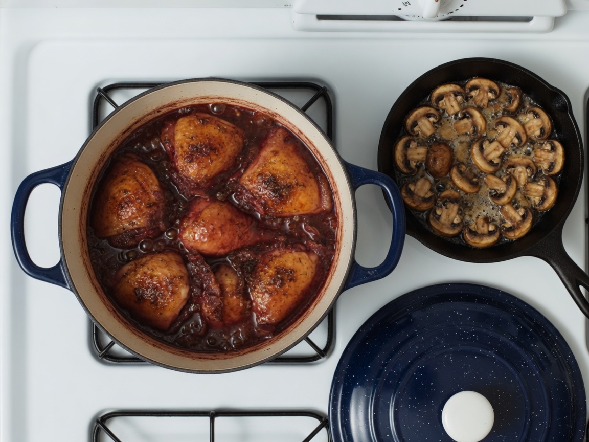 Chicken simmering in red wine in the Dutch oven, mushrooms browning in a skillet