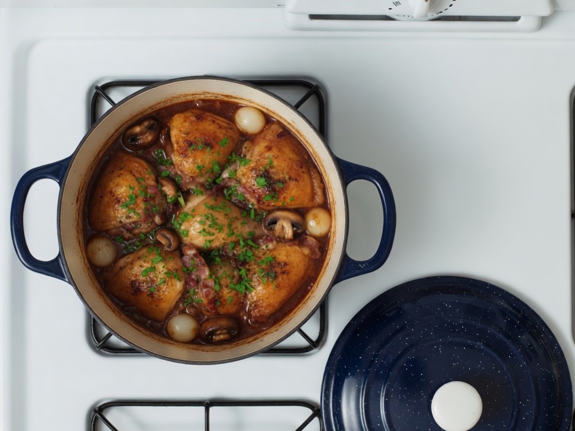 Finished coq au vin in the same navy Dutch oven with mushrooms and pearl onions