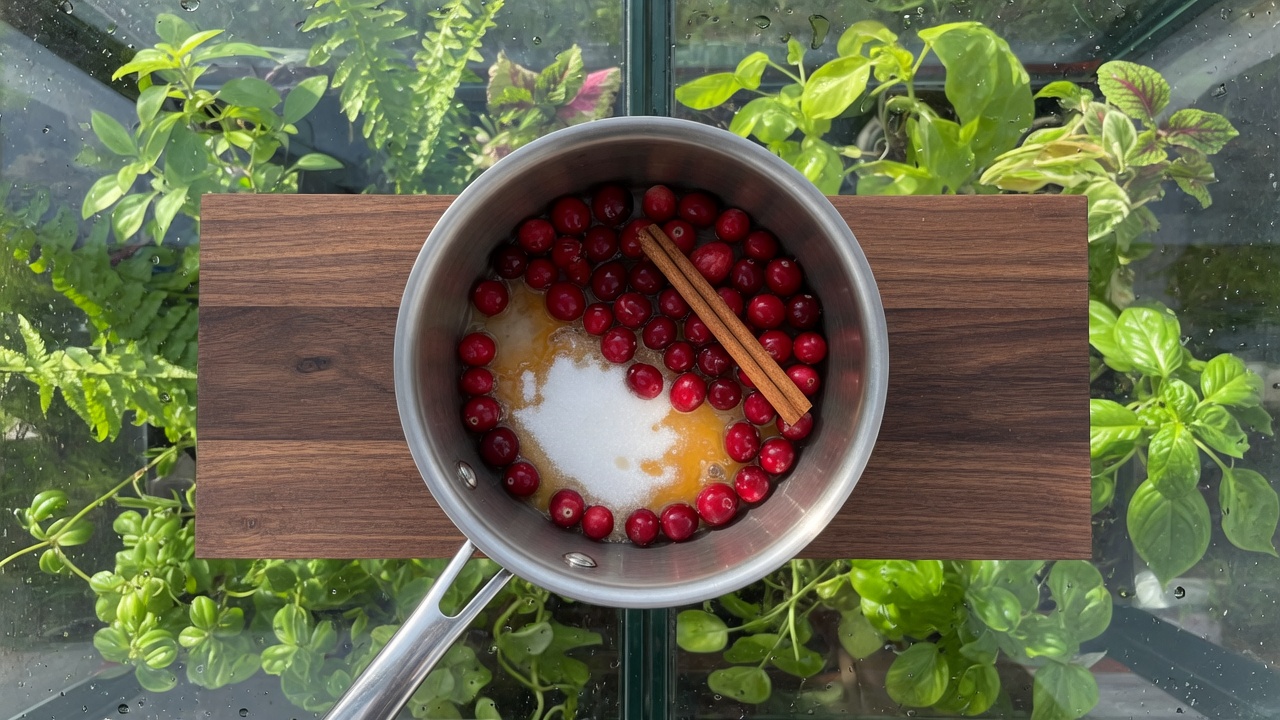Cranberries and sugar in a cold saucepan