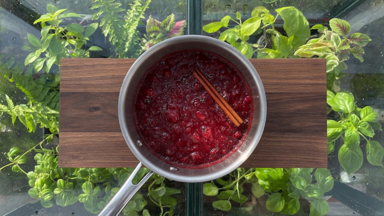 Cranberry sauce simmering until berries split