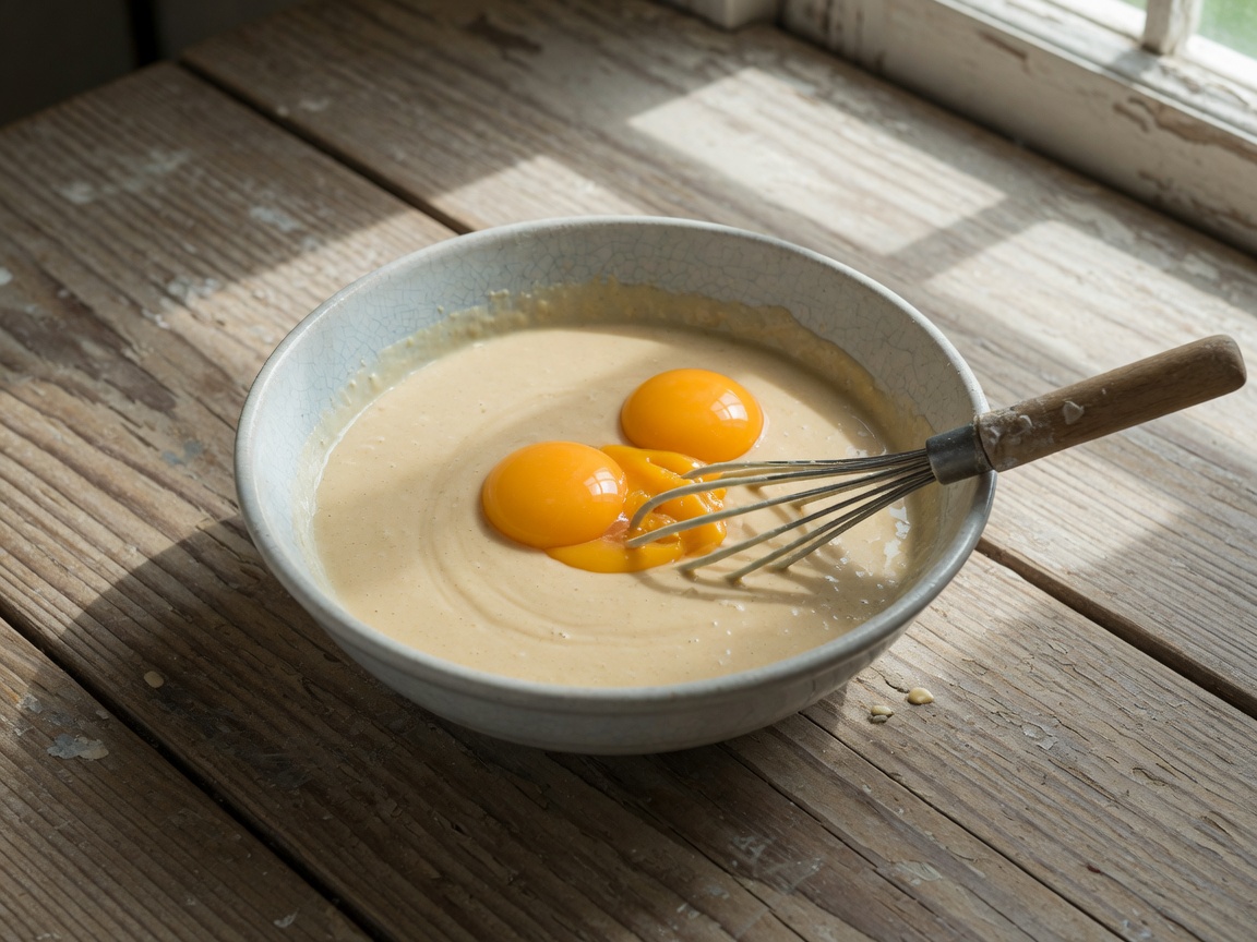 Thin crepe batter in one bowl with two egg yolks