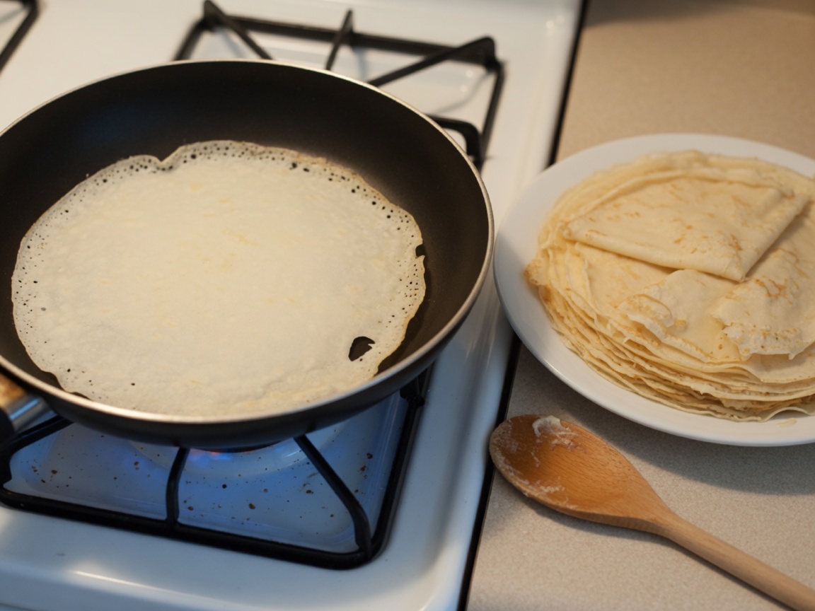 Cooking a thin crepe in a skillet
