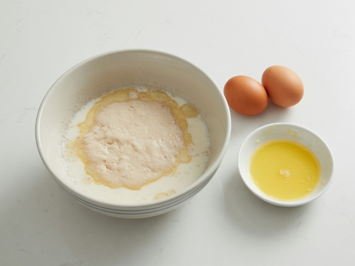 Blooming yeast in warm milk in one bowl, two eggs beside
