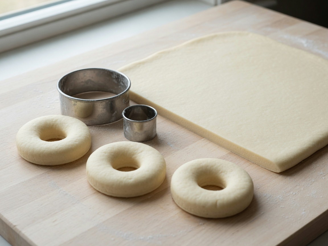 Rolling yeast donut dough one half inch thick and cutting rings