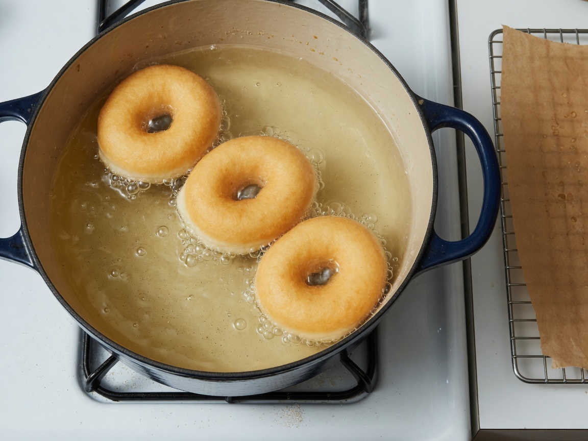 Frying a few yeast donuts at a time in hot oil
