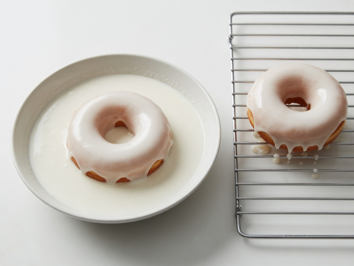 Dipping a warm donut in powdered sugar glaze