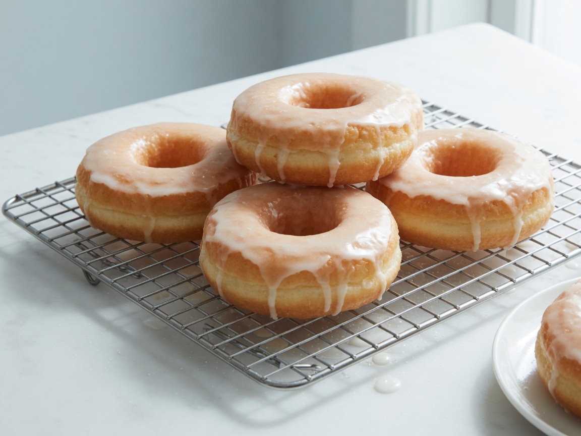 Warm glazed yeast donuts on a rack