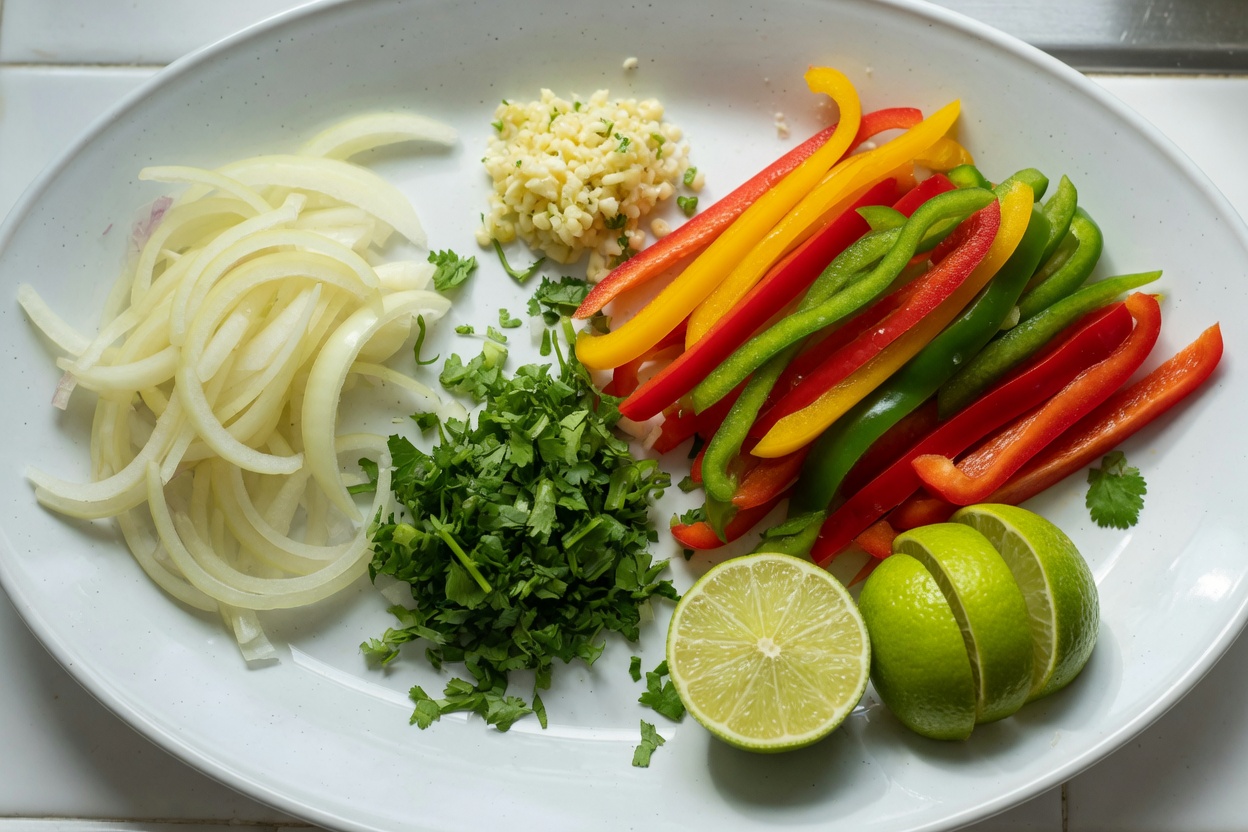 Sliced onion, peppers, garlic, cilantro, and limes