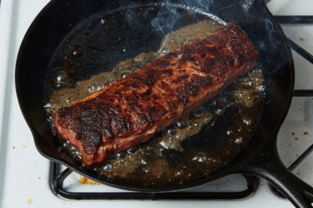 Steak searing in a hot skillet