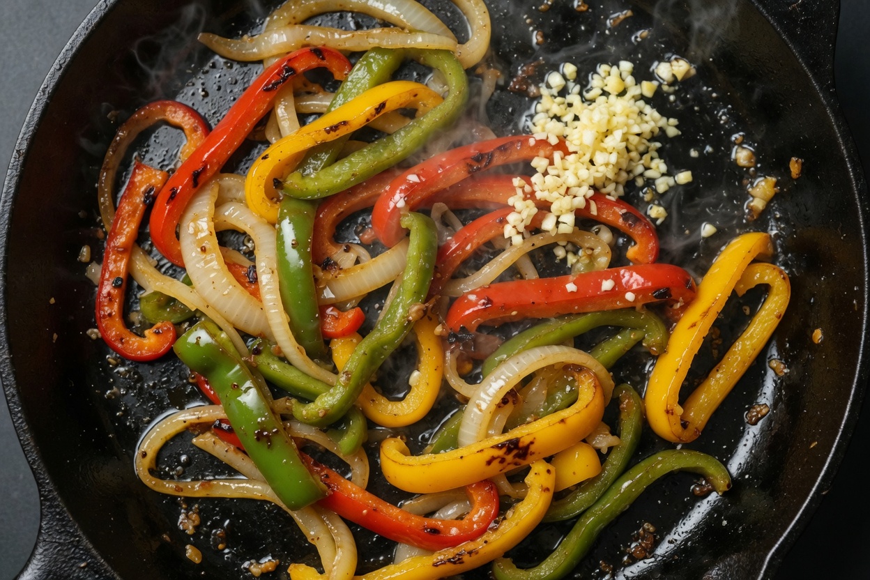 Peppers and onion cooking in the skillet