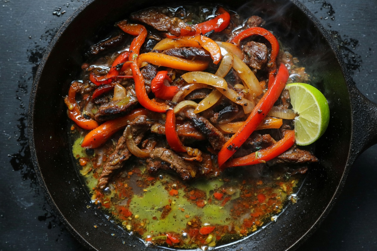 Sliced steak tossed with peppers, onion, and lime in the skillet