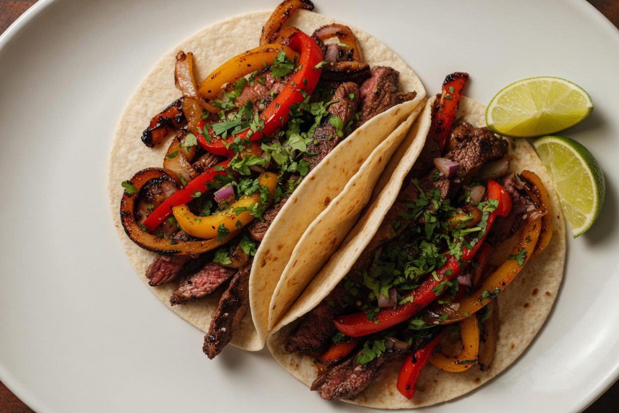 Steak fajitas in flour tortillas with cilantro and lime