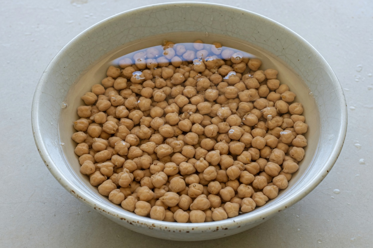 Dried chickpeas soaking in a bowl of water