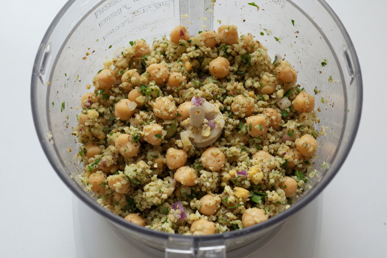 Chickpeas, herbs, and onion pulsing in a food processor