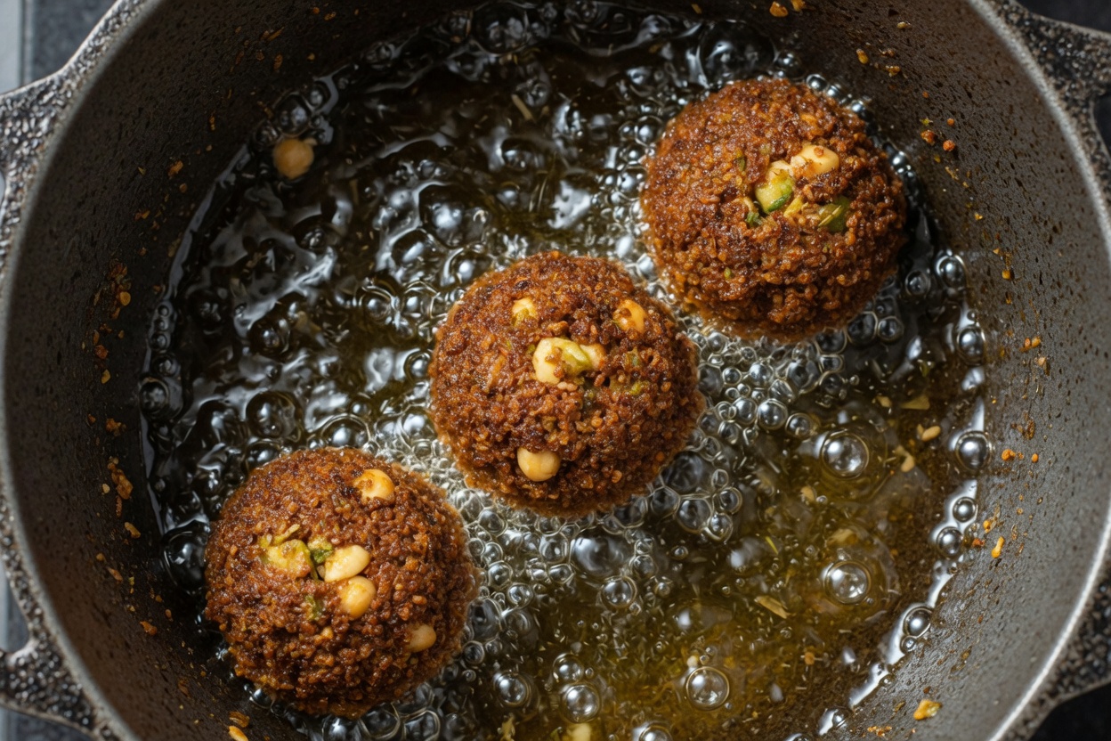 A few falafel frying in hot oil