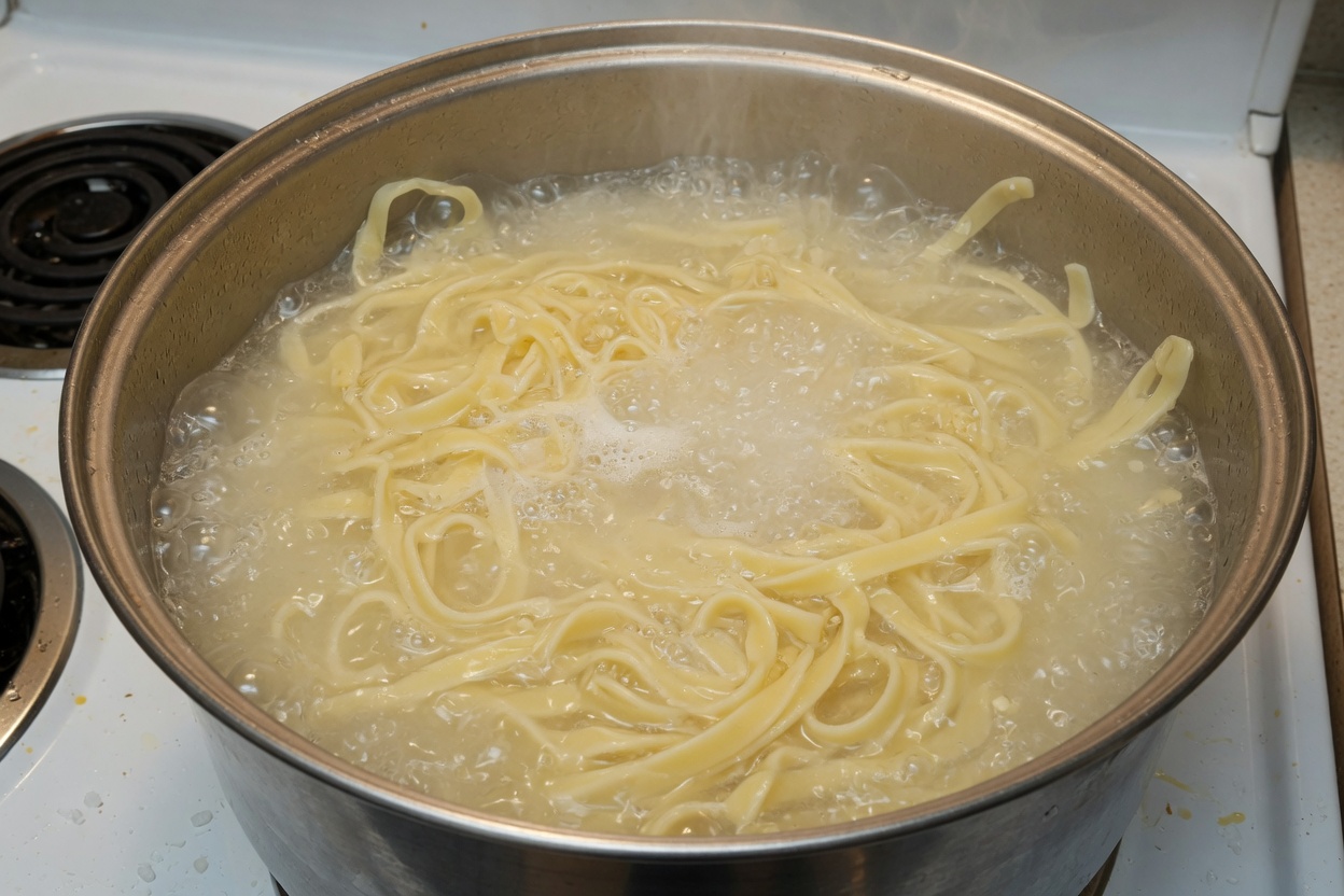 Fettuccine boiling in a pot of salted water