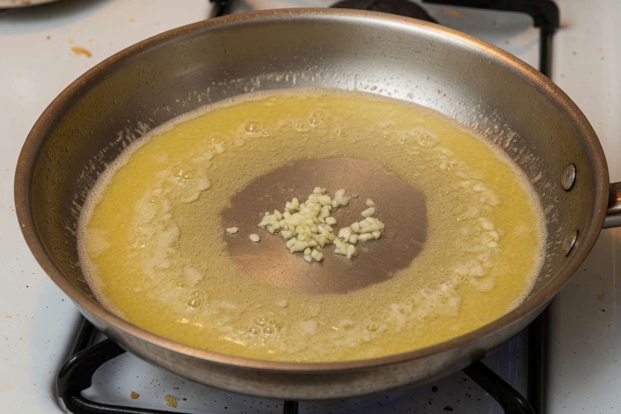 Butter and garlic in a wide pan