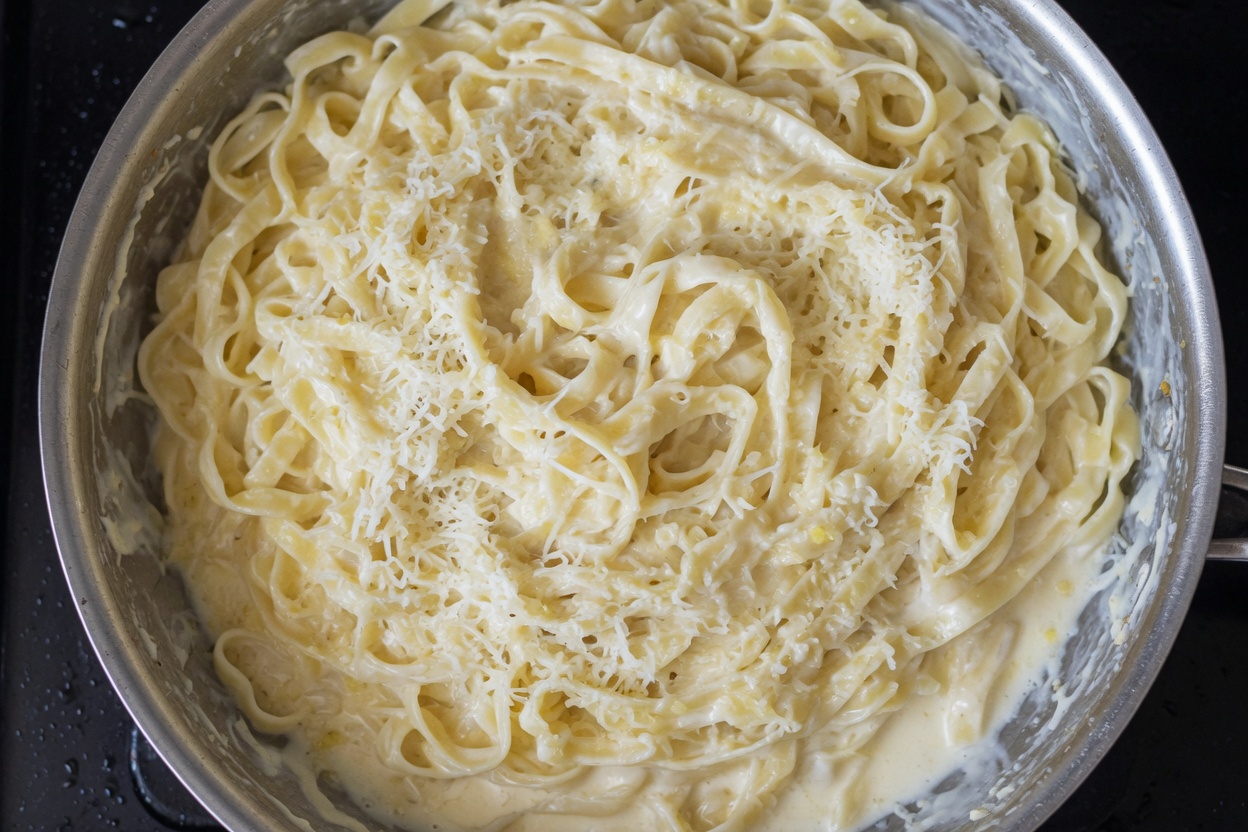 Fettuccine tossed in cream and parmesan in the pan