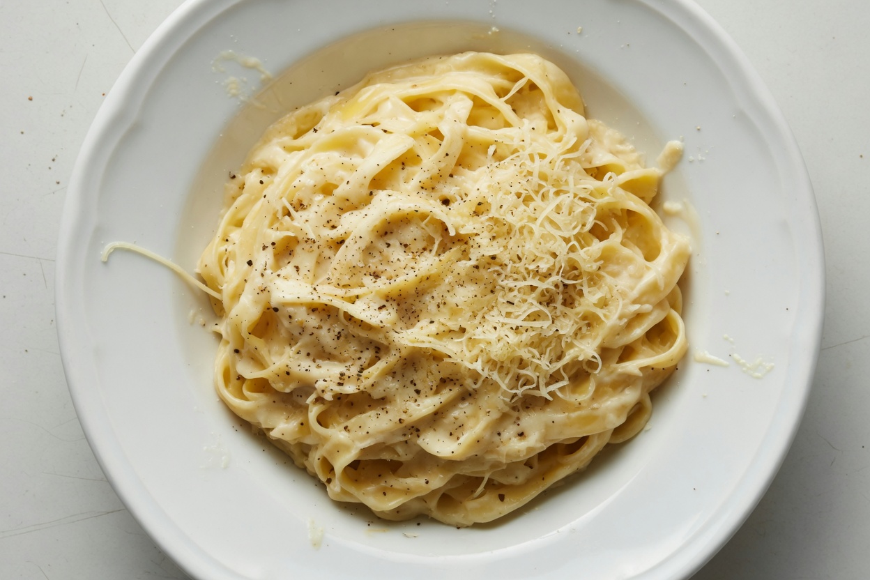 Plated fettuccine alfredo with parmesan and pepper