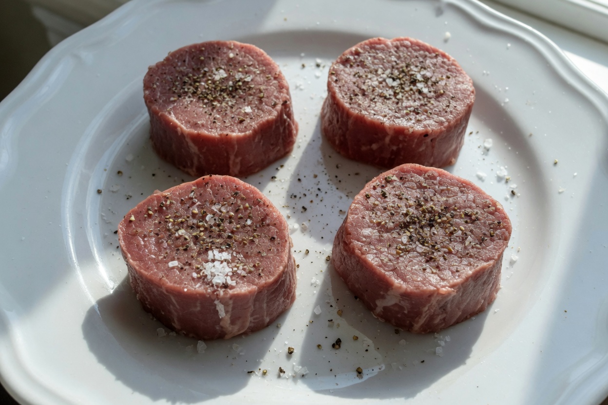 Four filet mignon steaks seasoned with salt and pepper