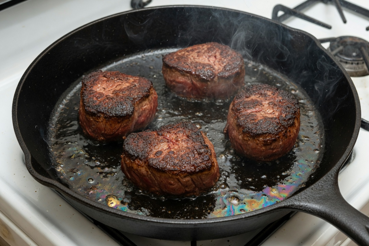 Four filet mignon steaks searing in a skillet