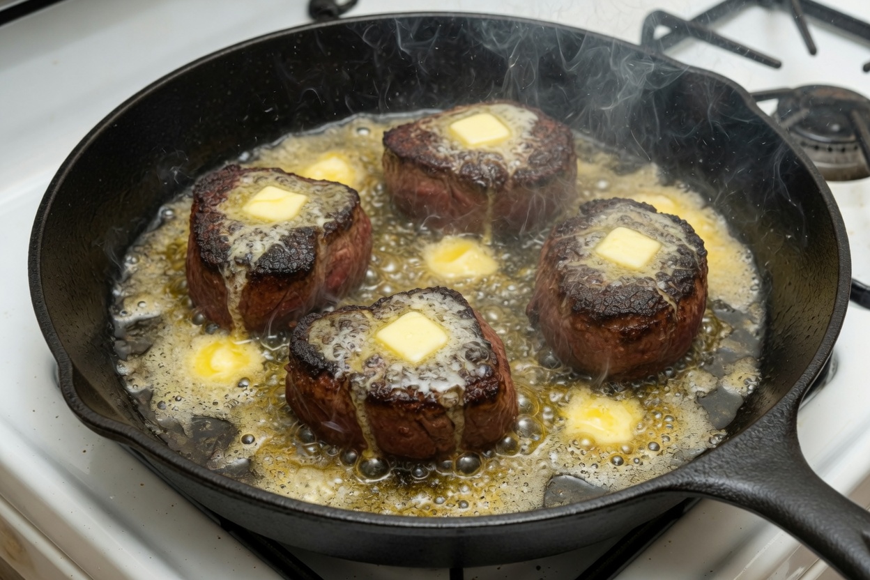 Butter melting over four steaks in the skillet