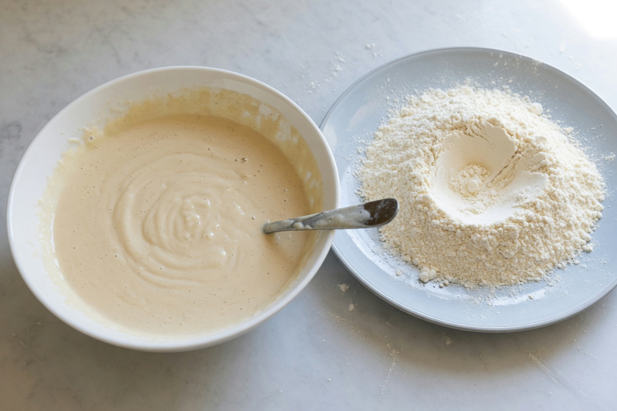 Beer batter in a bowl and flour for dredging