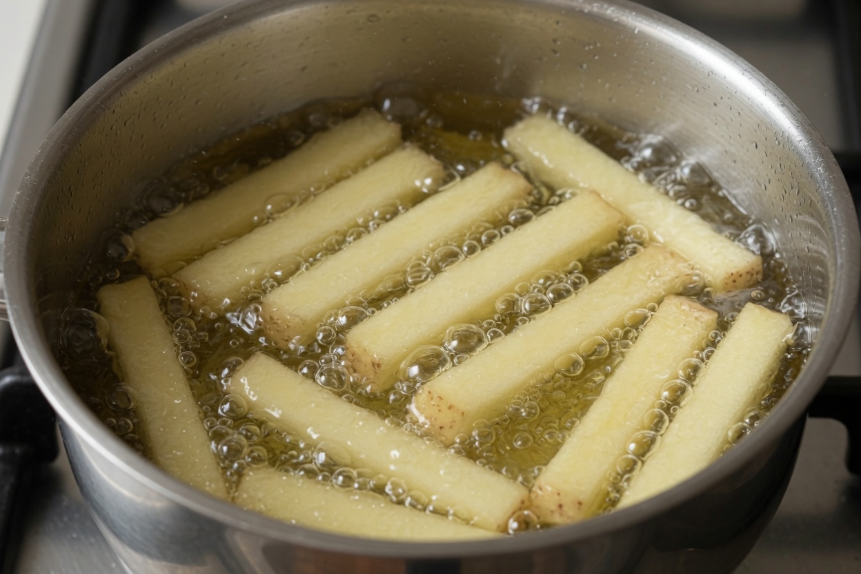 Potato chips in the first fry, pale and tender