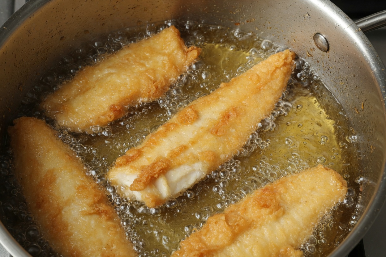 Battered fish frying until golden