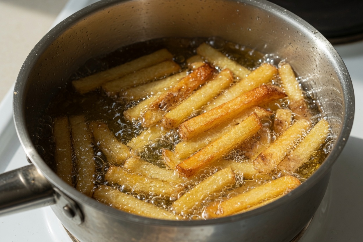 Chips on the second fry until golden brown