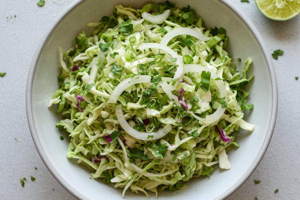 Cabbage slaw tossed in a bowl