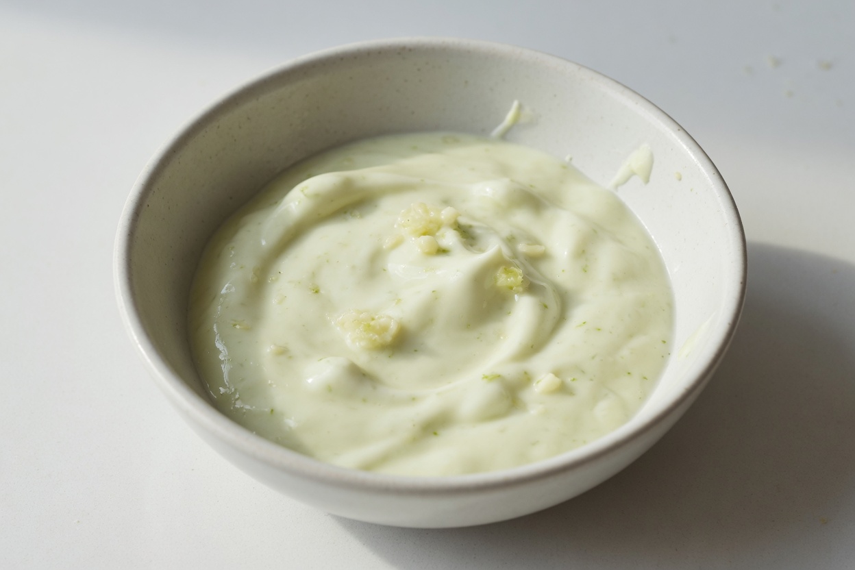 Lime mayonnaise sauce stirred in a small bowl