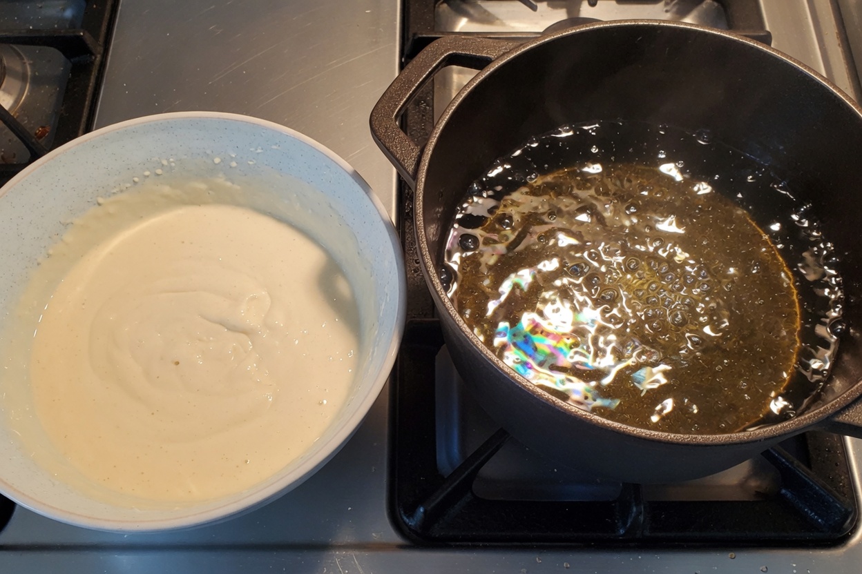 Oil heating, flour, and beer batter