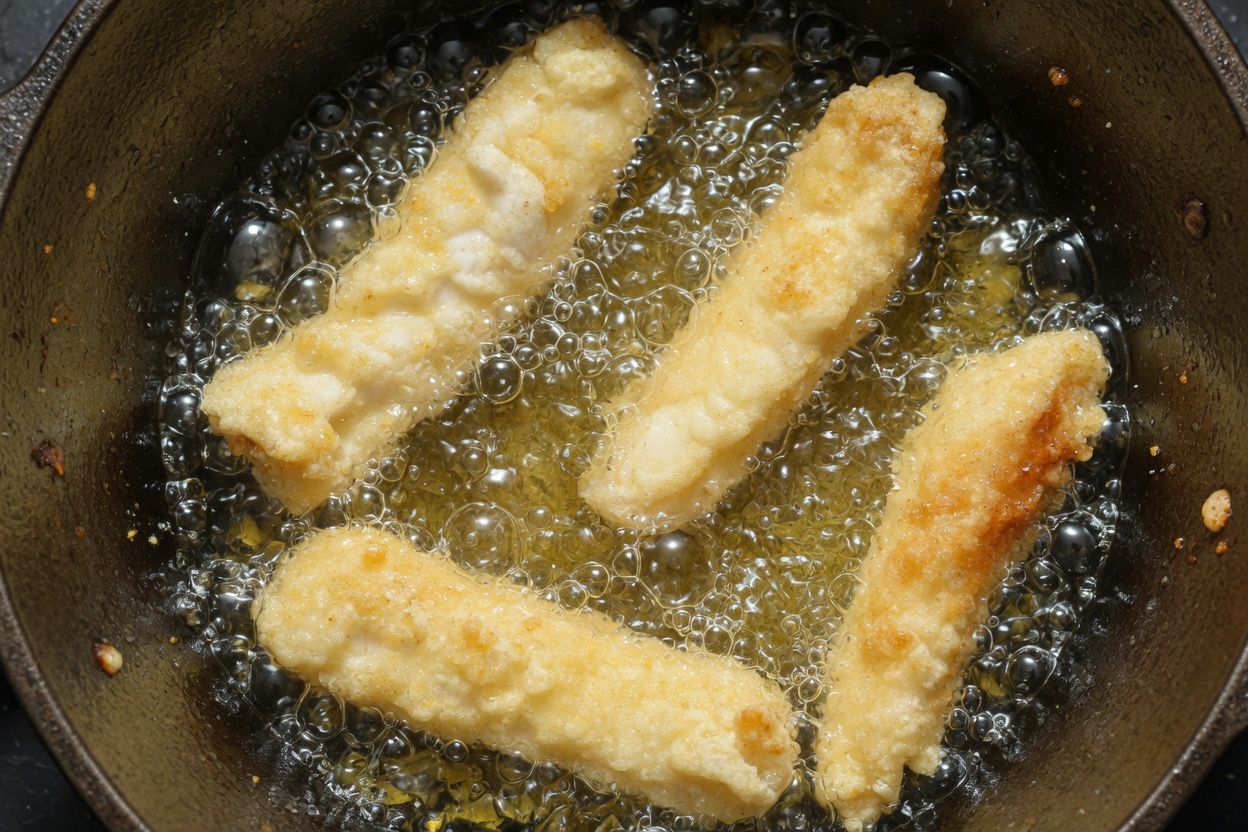 A few battered fish strips frying