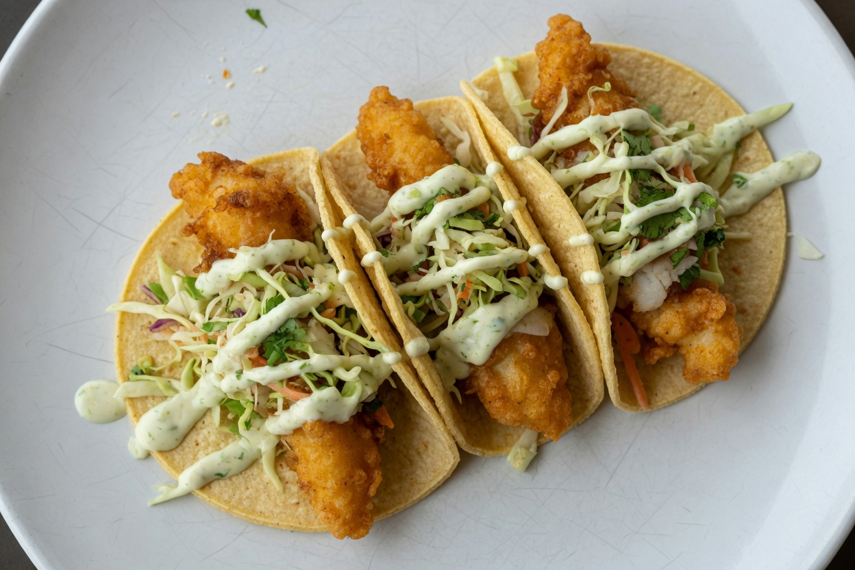 Fish tacos with slaw and sauce