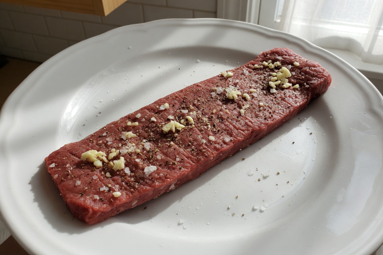 One flank steak seasoned with salt, pepper, and garlic
