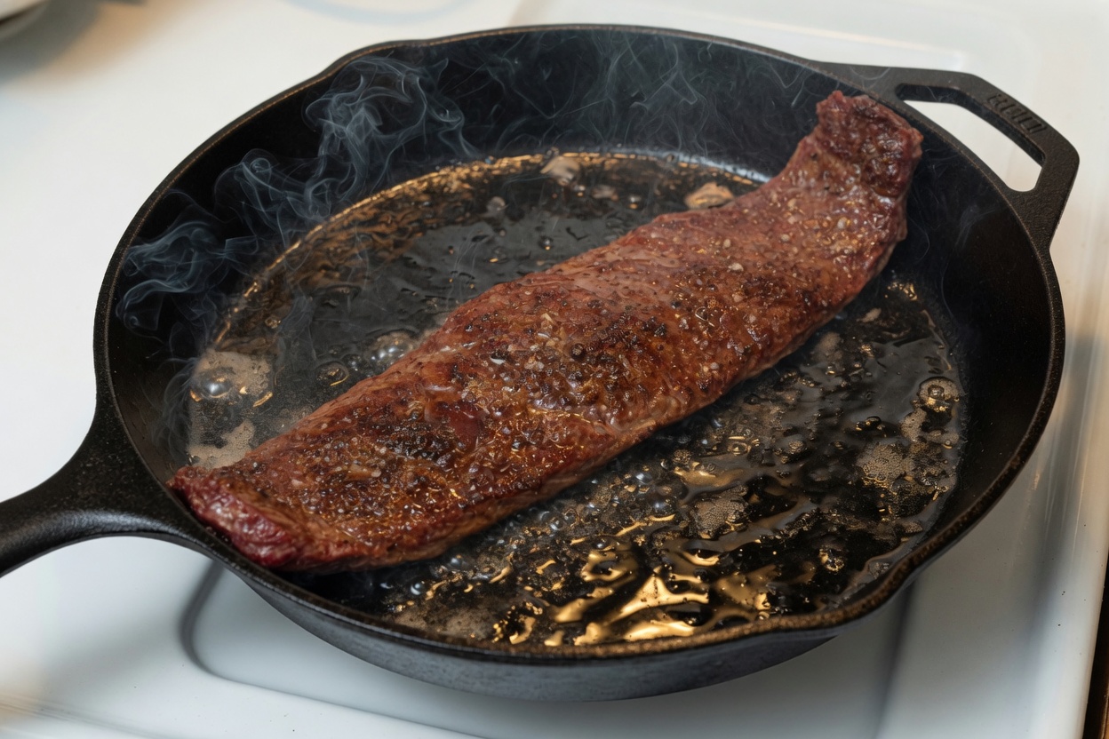 Flank steak searing in a hot skillet